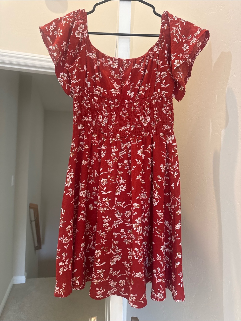 Girls Red Floral Smocked Waist Dress (SHEIN)